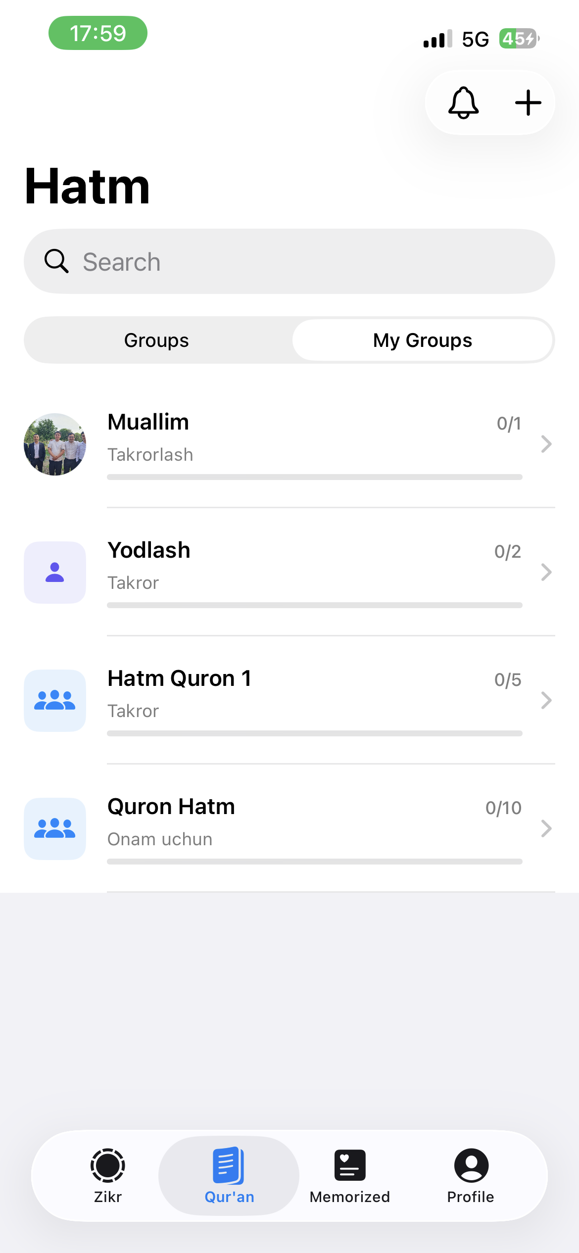 Quronim Qur'an groups screen